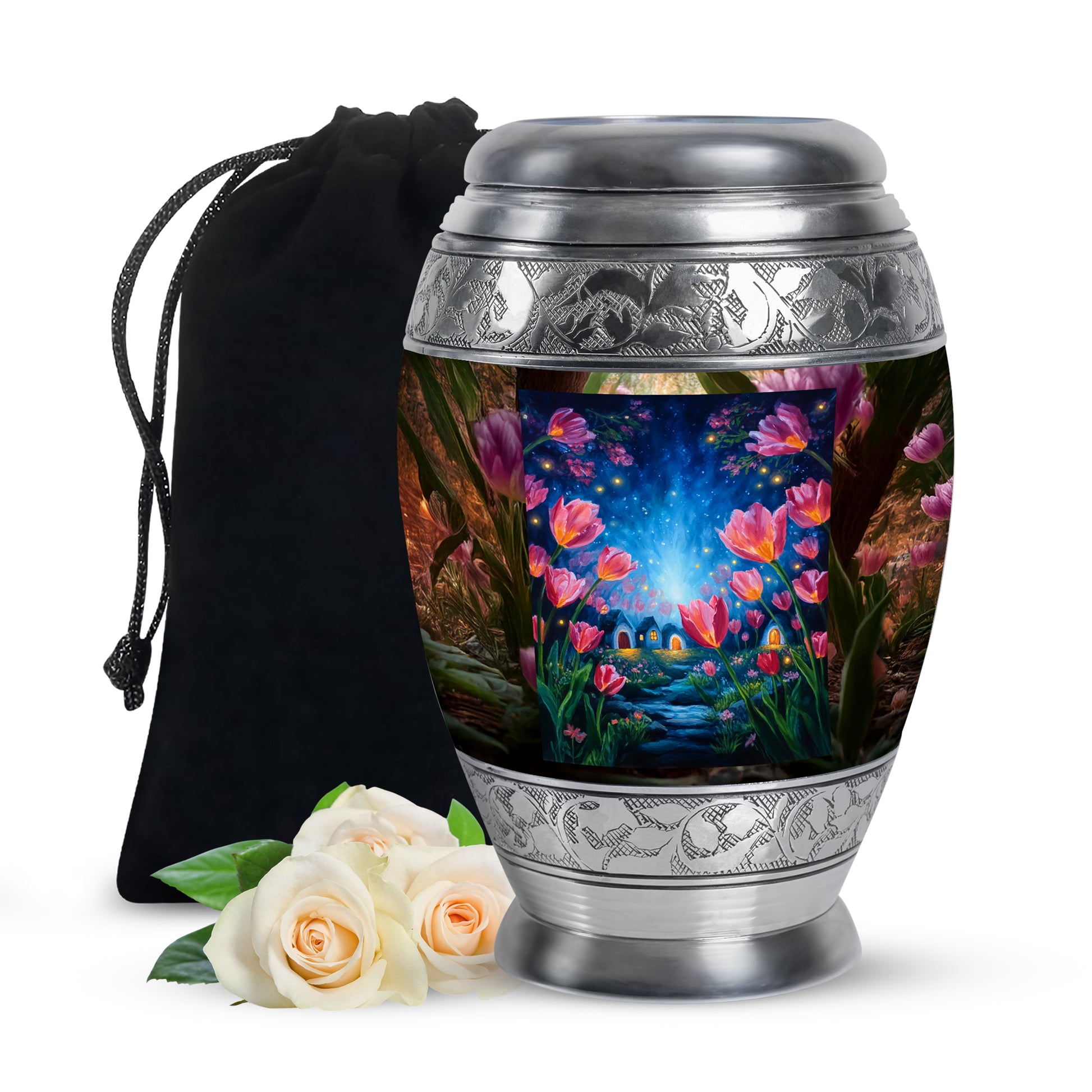 Sunrise Gold Garden Tulip Cremation Urn back view with polished surface - regal garden tulip design with crown-inspired accents - full-size 10 inch 200 cubic inch adult cremation urn