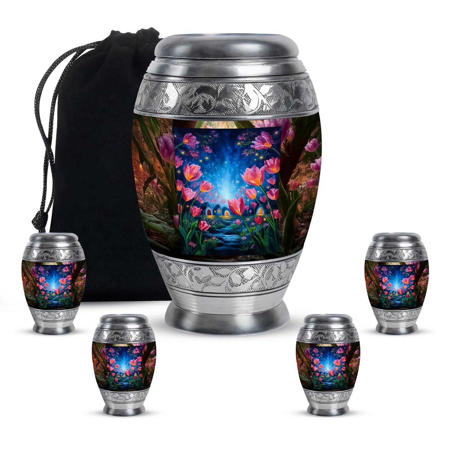 Royal Gold Garden Tulip Cremation Urn detail view - majestic garden tulip pattern with filigree border - memorial set with one large and four small urns