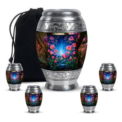 Royal Gold Garden Tulip Cremation Urn detail view - majestic garden tulip pattern with filigree border - memorial set with one large and four small urns