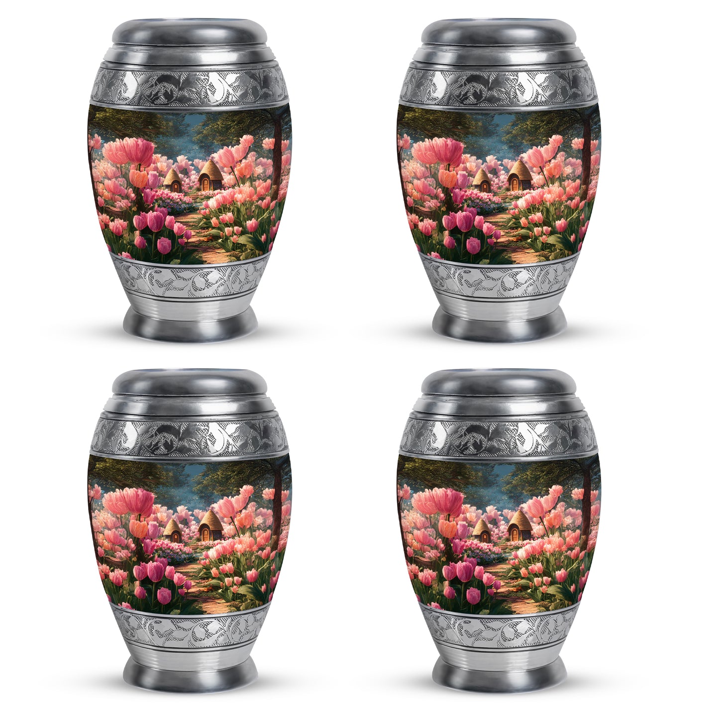 Dark Black Garden Tulip Cremation Urn urn with complimentary velvet bag - royal garden tulip engraving with decorative scrollwork - 10 inch aluminum urn for cremated remains