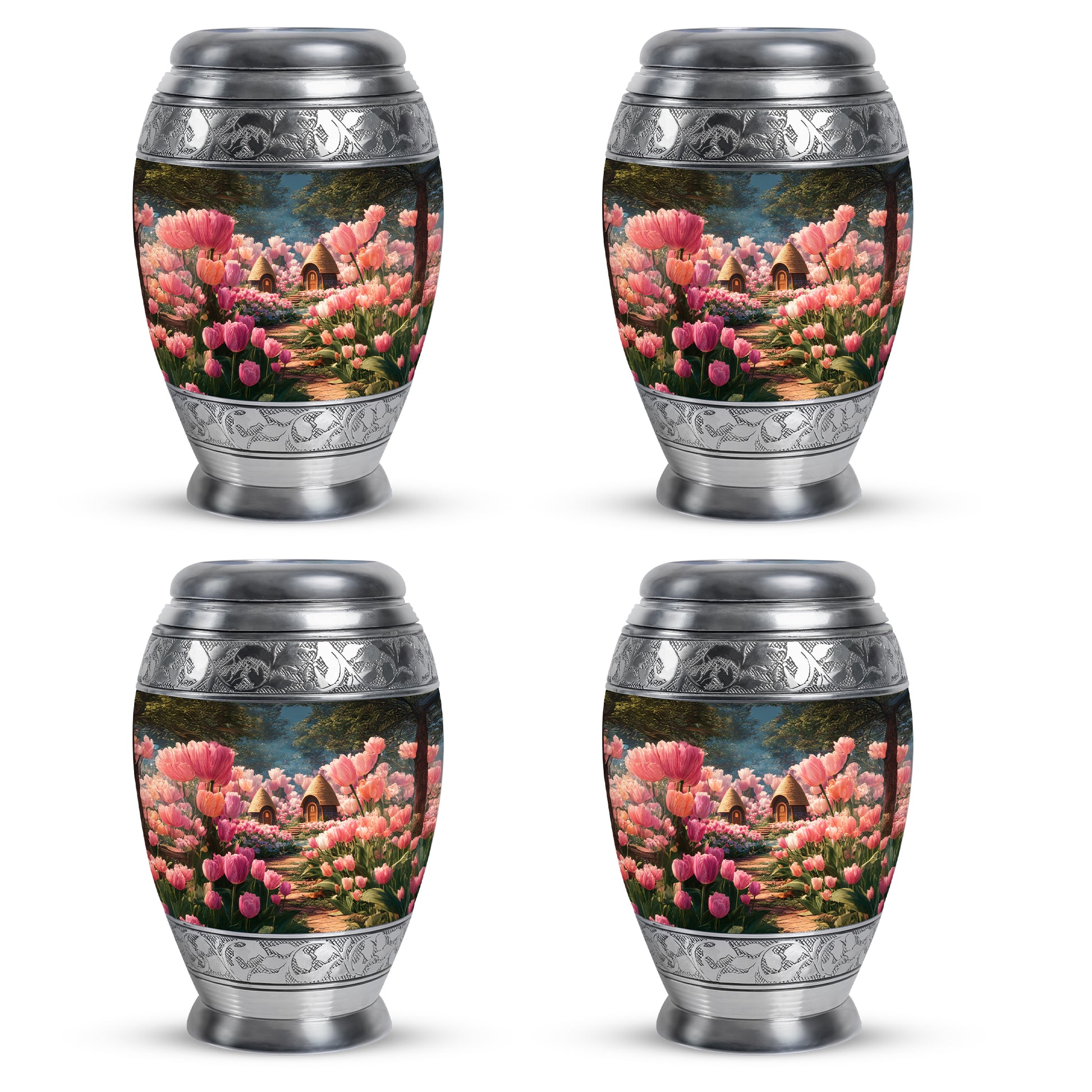 Dark Black Garden Tulip Cremation Urn urn with complimentary velvet bag - royal garden tulip engraving with decorative scrollwork - 10 inch aluminum urn for cremated remains