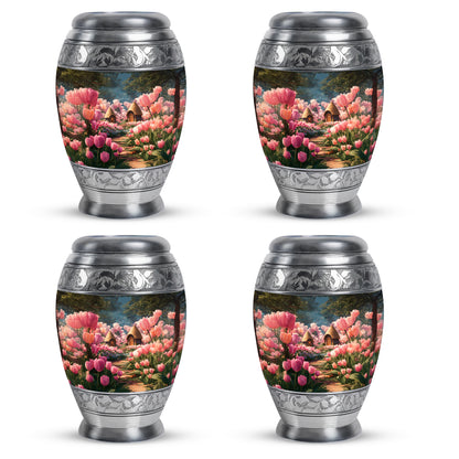 Dark Black Garden Tulip Cremation Urn urn with complimentary velvet bag - royal garden tulip engraving with decorative scrollwork - 10 inch aluminum urn for cremated remains