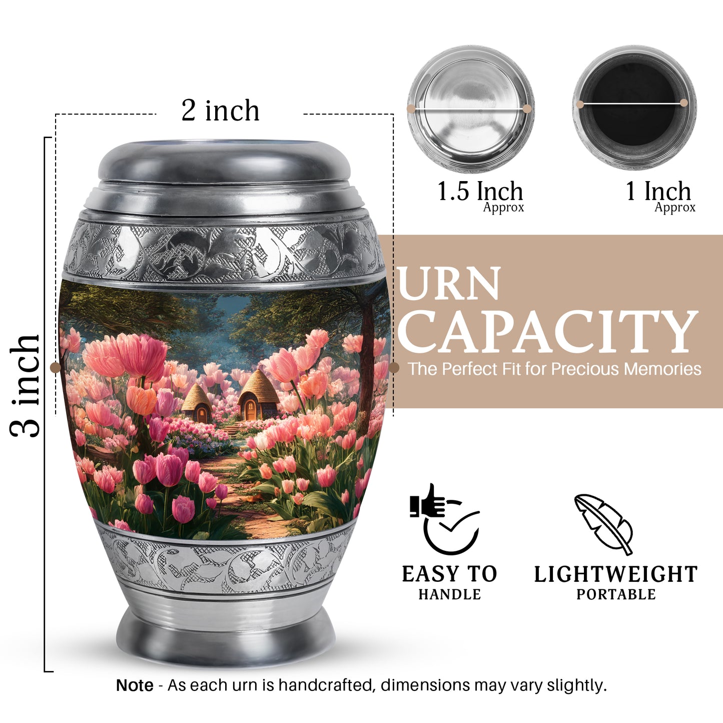 Rich Black Garden Tulip Cremation Urn lifestyle display on memorial shelf - ornate monarch-style garden tulip relief on brushed aluminum - mini keepsake memorial for portion of cremation ashes