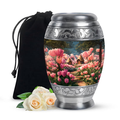 Ebony Garden Tulip Cremation Urn back view with polished surface - regal garden tulip design with crown-inspired accents - full-size 10 inch 200 cubic inch adult cremation urn