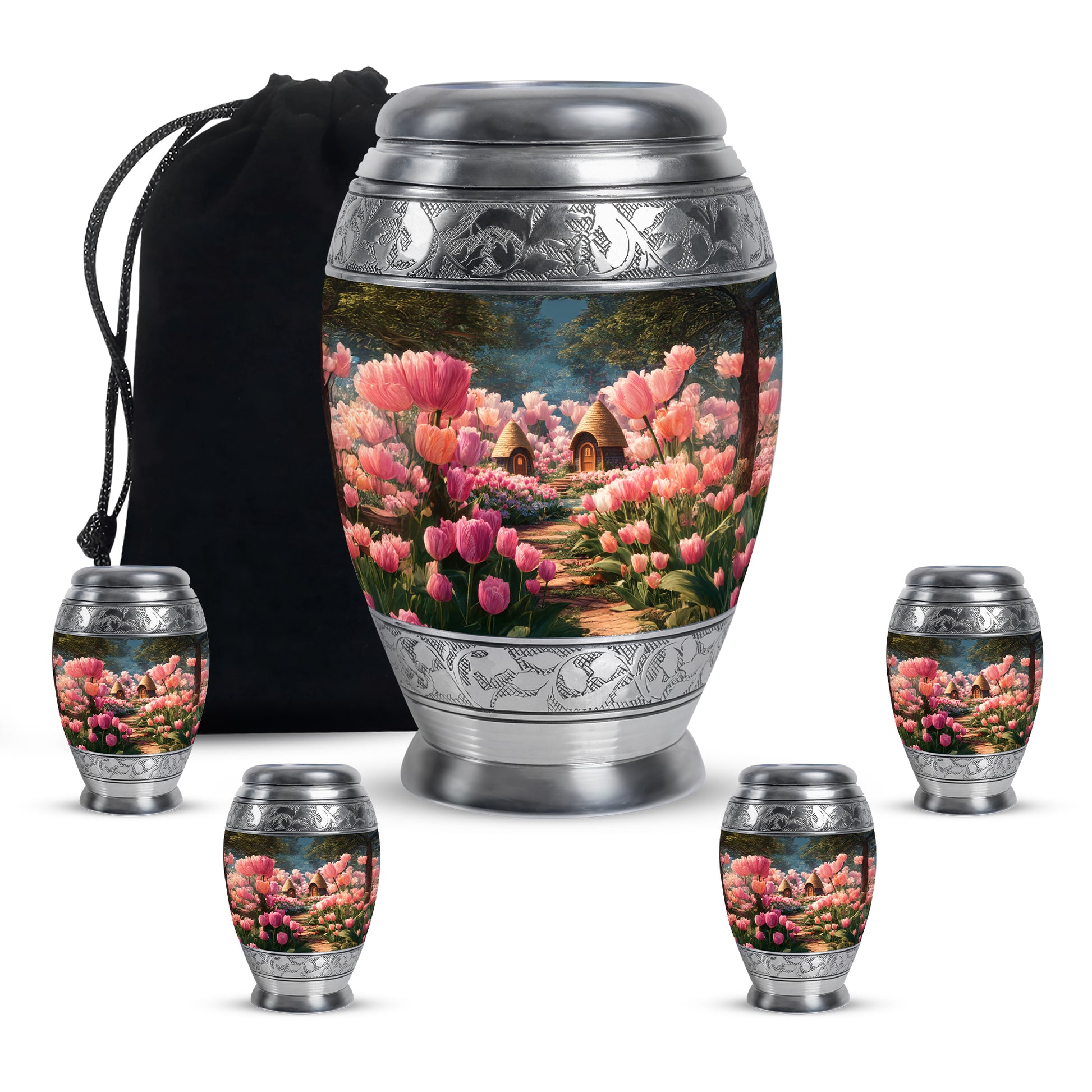 Ebony Garden Tulip Cremation Urn detail view - regal garden tulip design with crown-inspired accents - memorial set with one large and four small urns