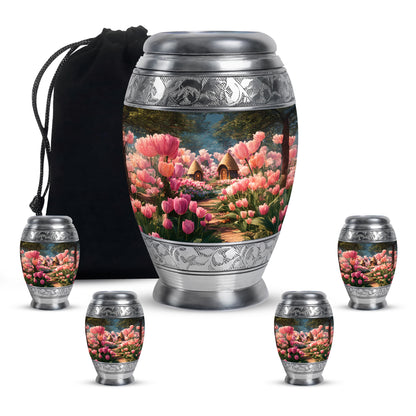 Ebony Garden Tulip Cremation Urn detail view - regal garden tulip design with crown-inspired accents - memorial set with one large and four small urns