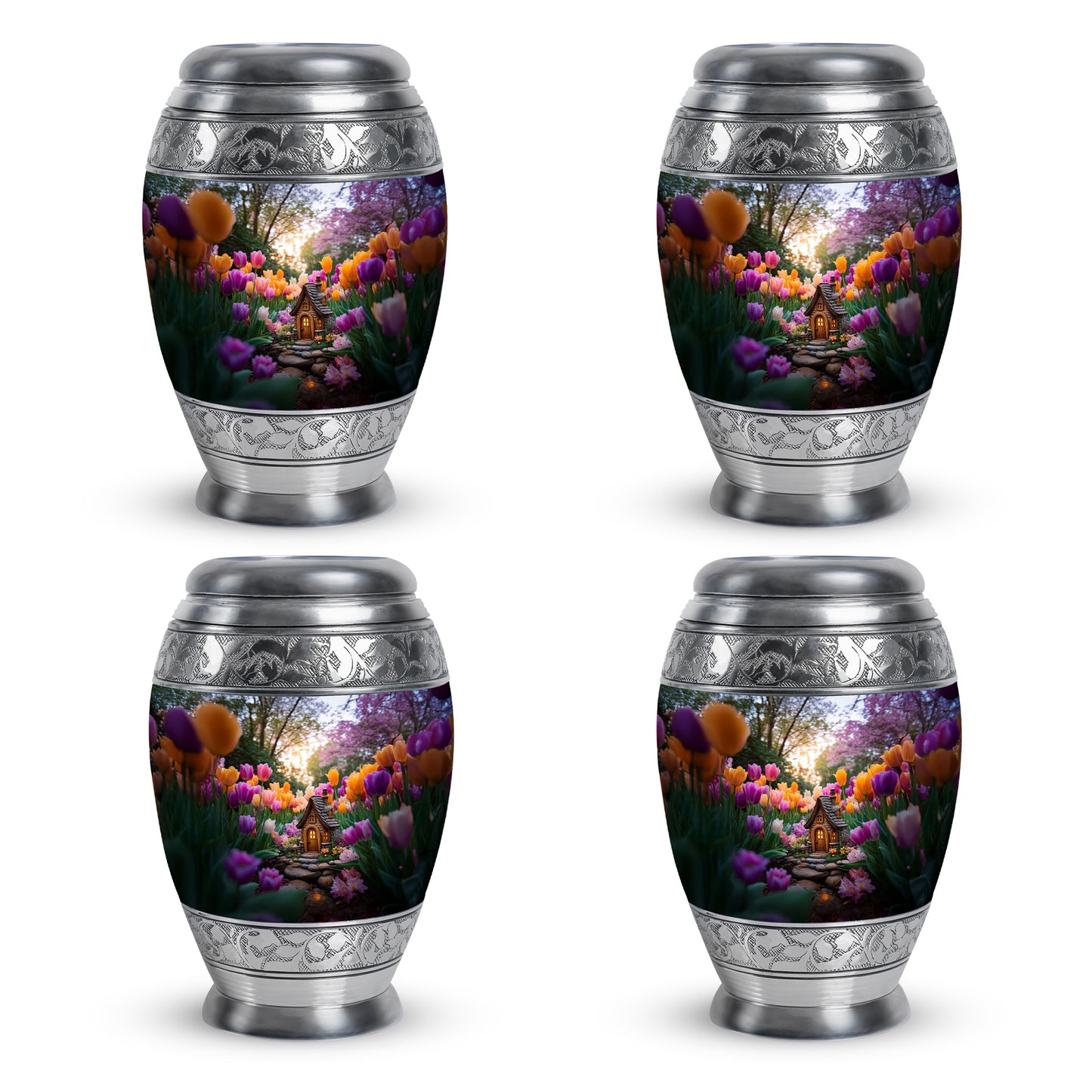 Silver Gray Garden Tulip Cremation Urn urn with complimentary velvet bag - ornate monarch-style garden tulip relief on brushed aluminum - 10 inch aluminum urn for cremated remains