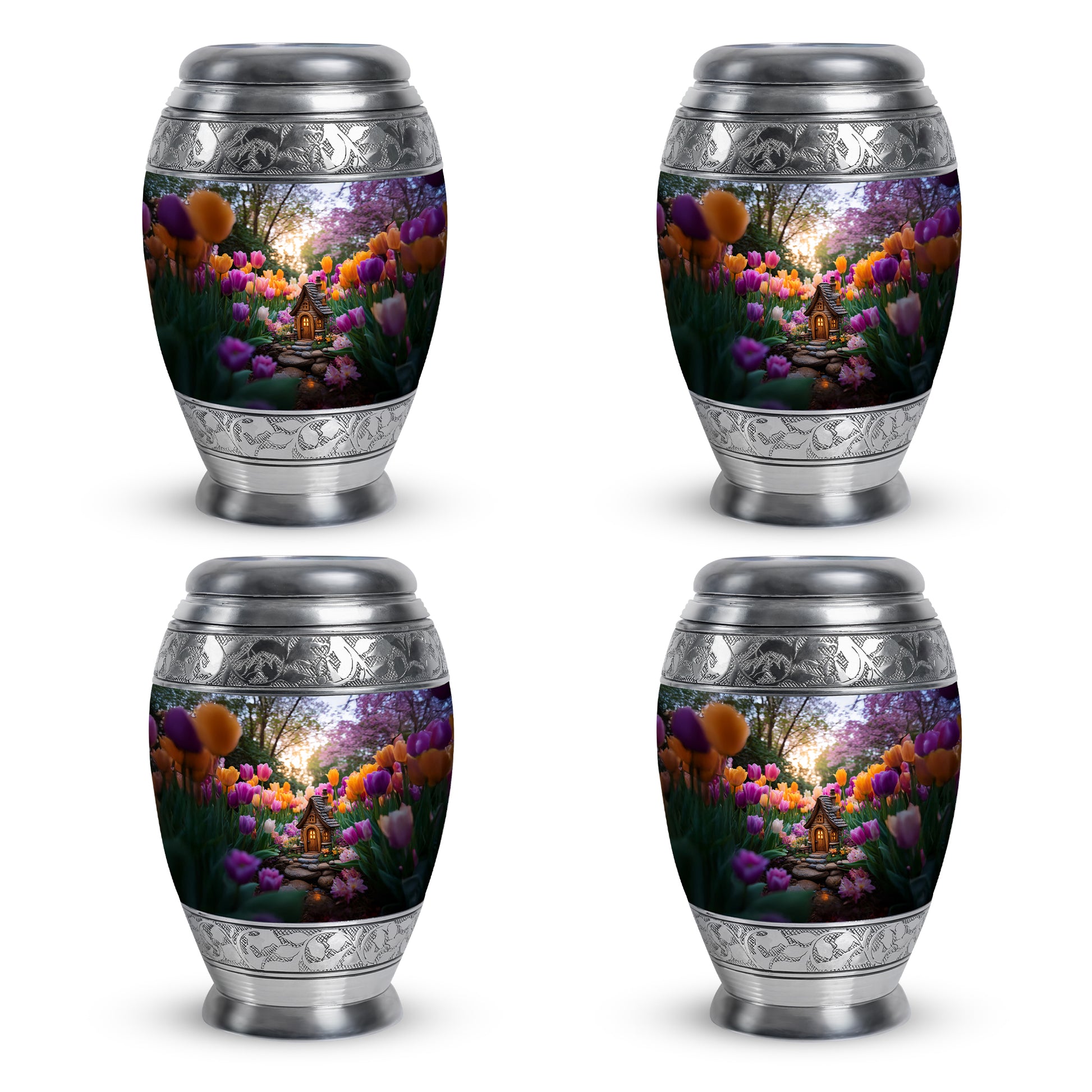 Silver Gray Garden Tulip Cremation Urn urn with complimentary velvet bag - ornate monarch-style garden tulip relief on brushed aluminum - 10 inch aluminum urn for cremated remains