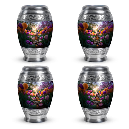 Silver Gray Garden Tulip Cremation Urn urn with complimentary velvet bag - ornate monarch-style garden tulip relief on brushed aluminum - 10 inch aluminum urn for cremated remains