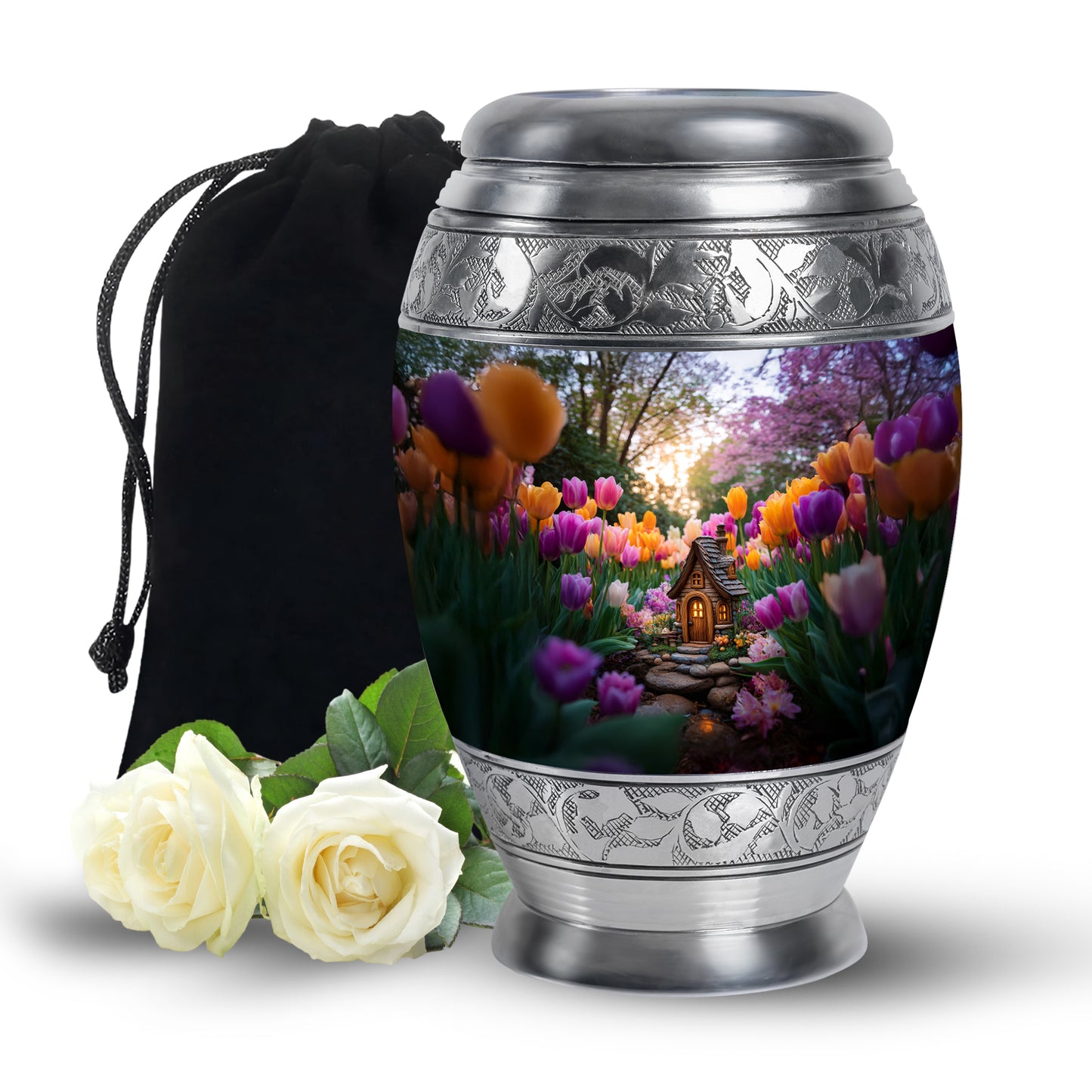 Steel Gray Garden Tulip Cremation Urn back view with polished surface - majestic garden tulip pattern with filigree border - full-size 10 inch 200 cubic inch adult cremation urn