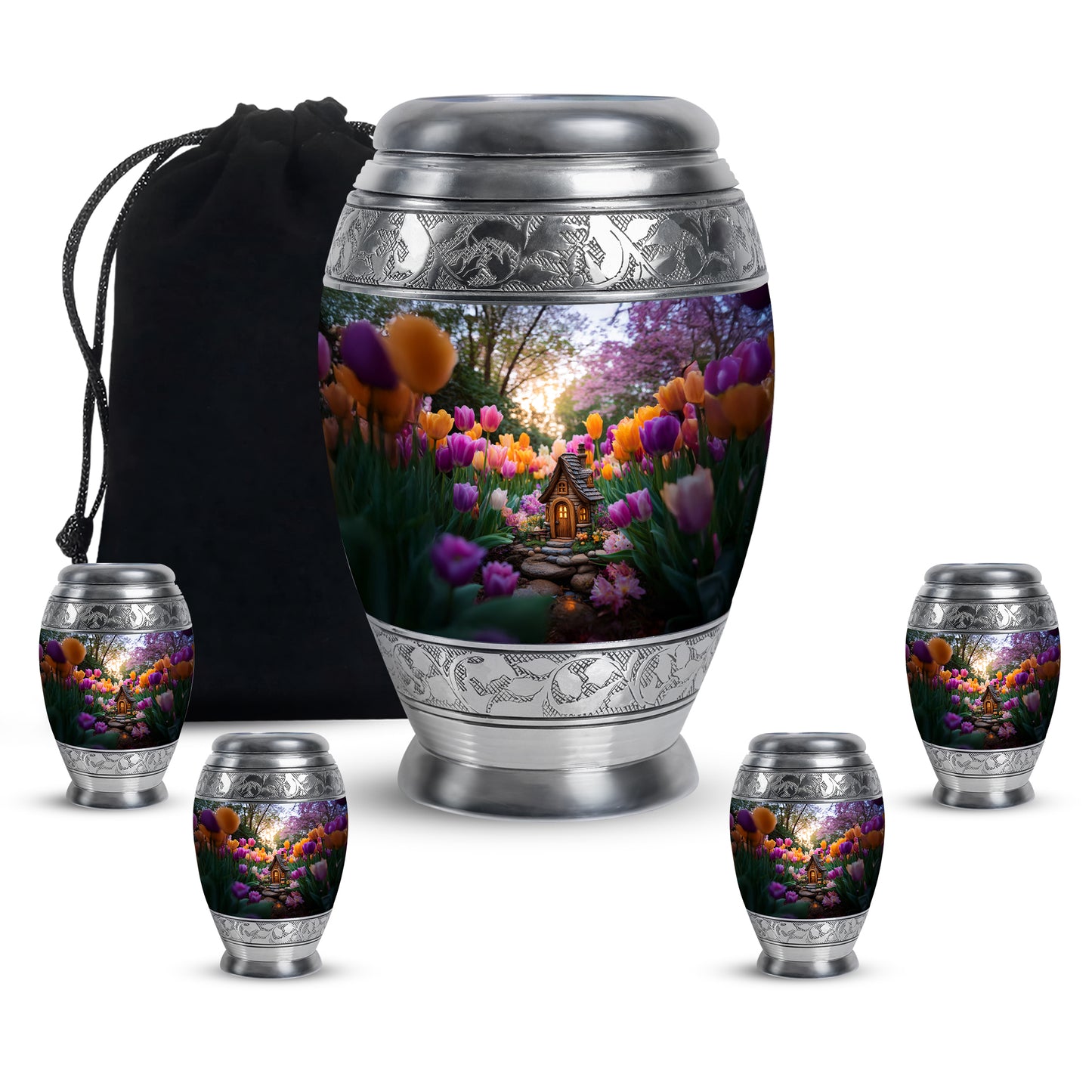 Silver Gray Garden Tulip Cremation Urn detail view - ornate monarch-style garden tulip relief on brushed aluminum - memorial set with one large and four small urns