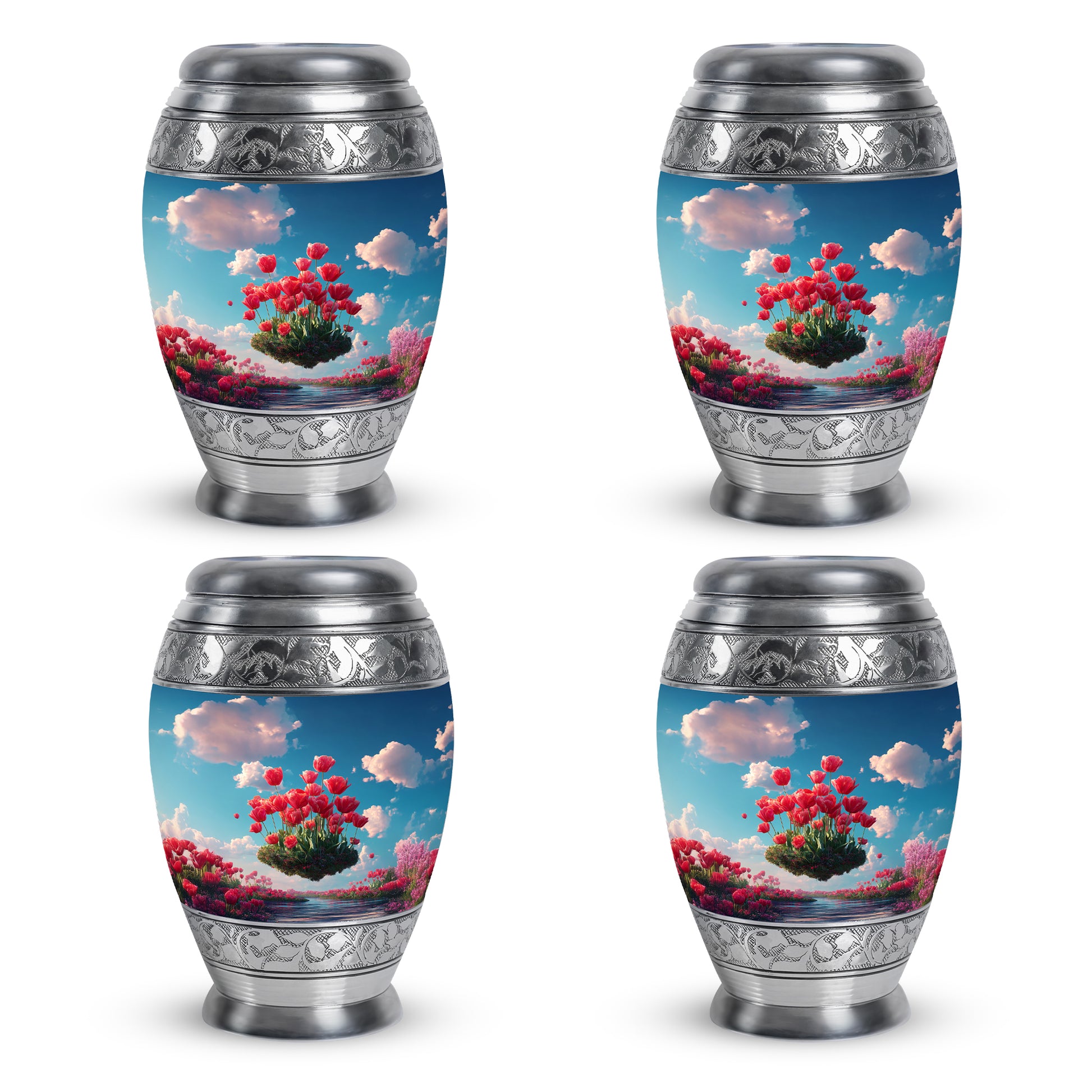 Vivid Blue Garden Tulip Cremation Urn urn with complimentary velvet bag - royal garden tulip engraving with decorative scrollwork - 10 inch aluminum urn for cremated remains