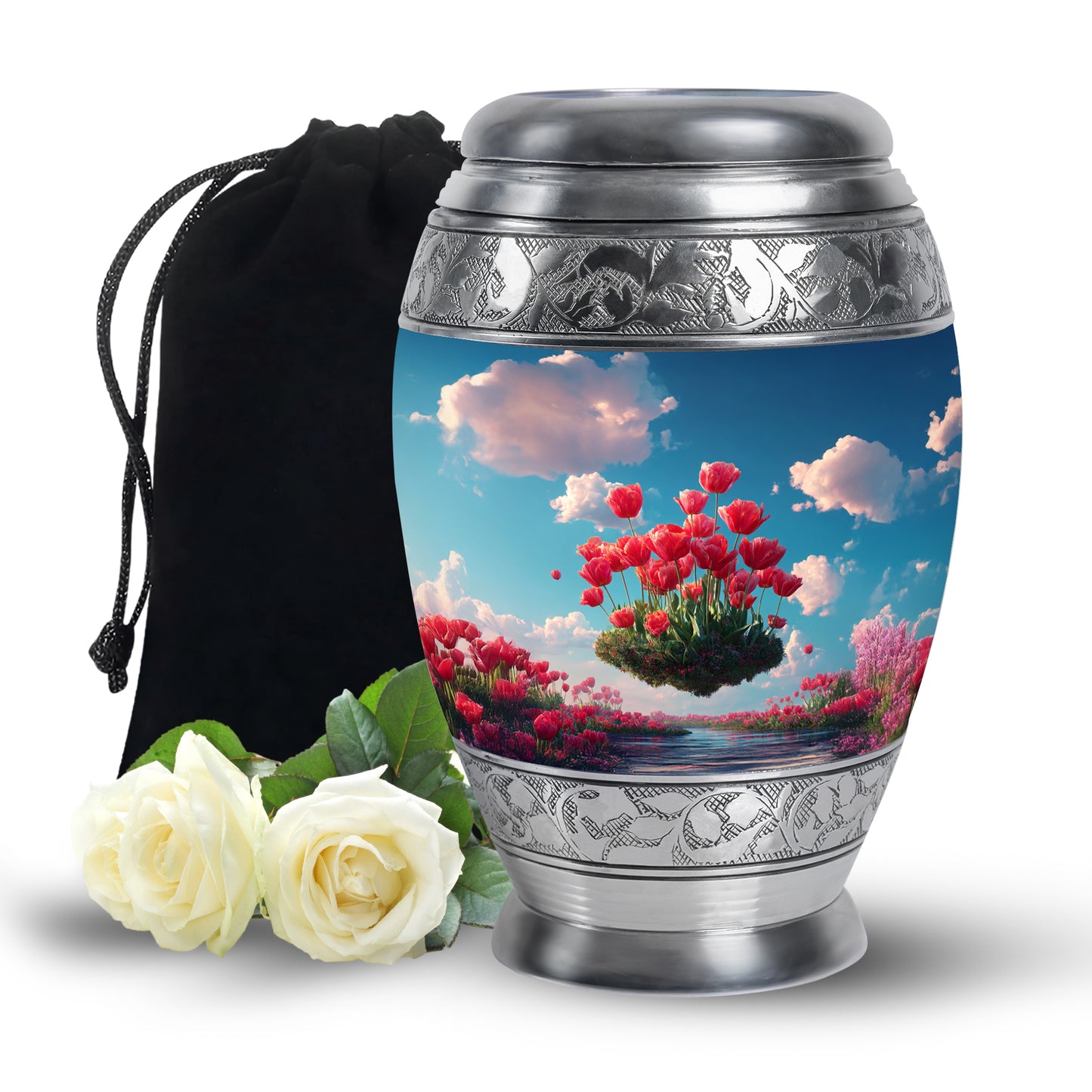 Cornflower Blue Garden Tulip Cremation Urn back view with polished surface - majestic garden tulip pattern with filigree border - full-size 10 inch 200 cubic inch adult cremation urn