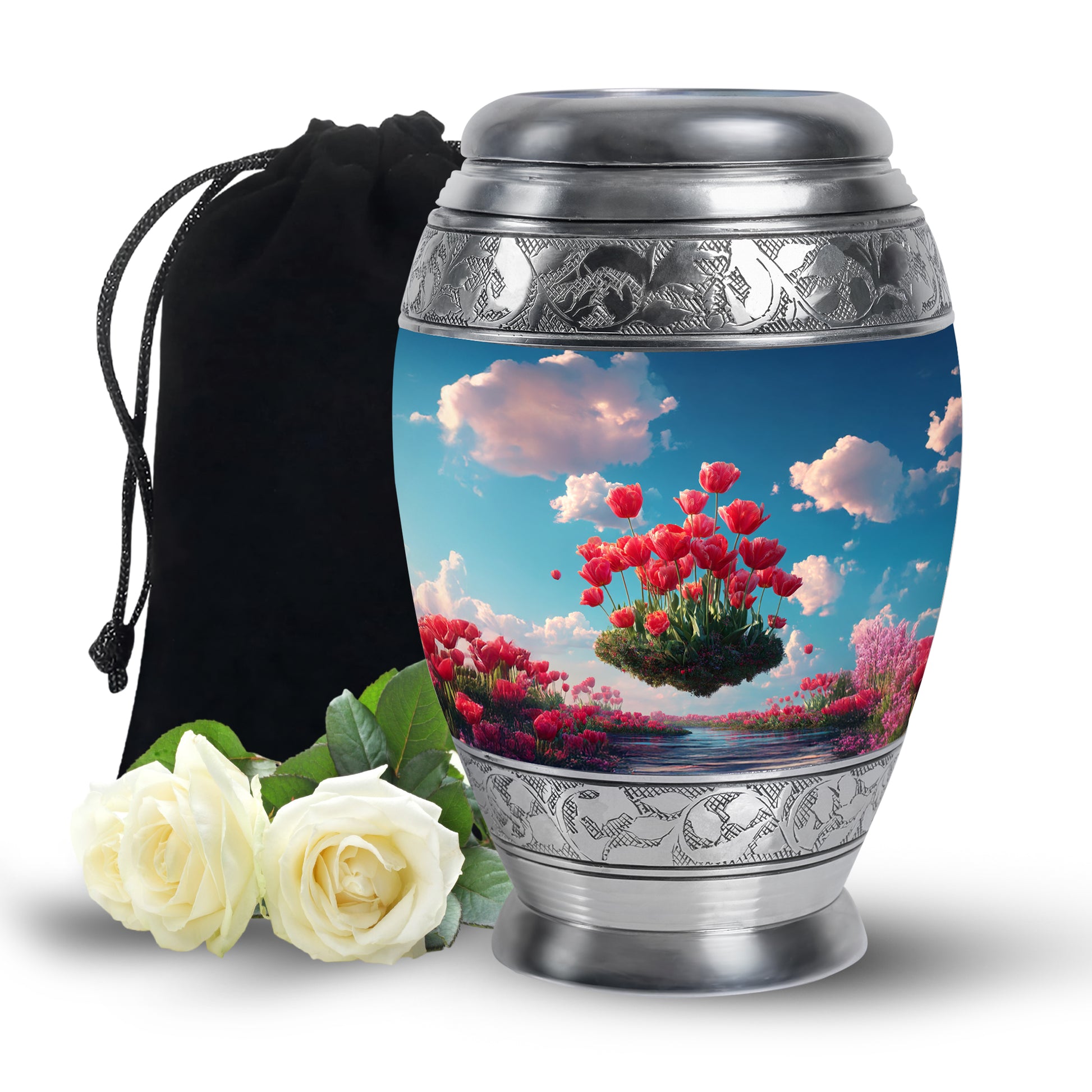Cornflower Blue Garden Tulip Cremation Urn back view with polished surface - majestic garden tulip pattern with filigree border - full-size 10 inch 200 cubic inch adult cremation urn
