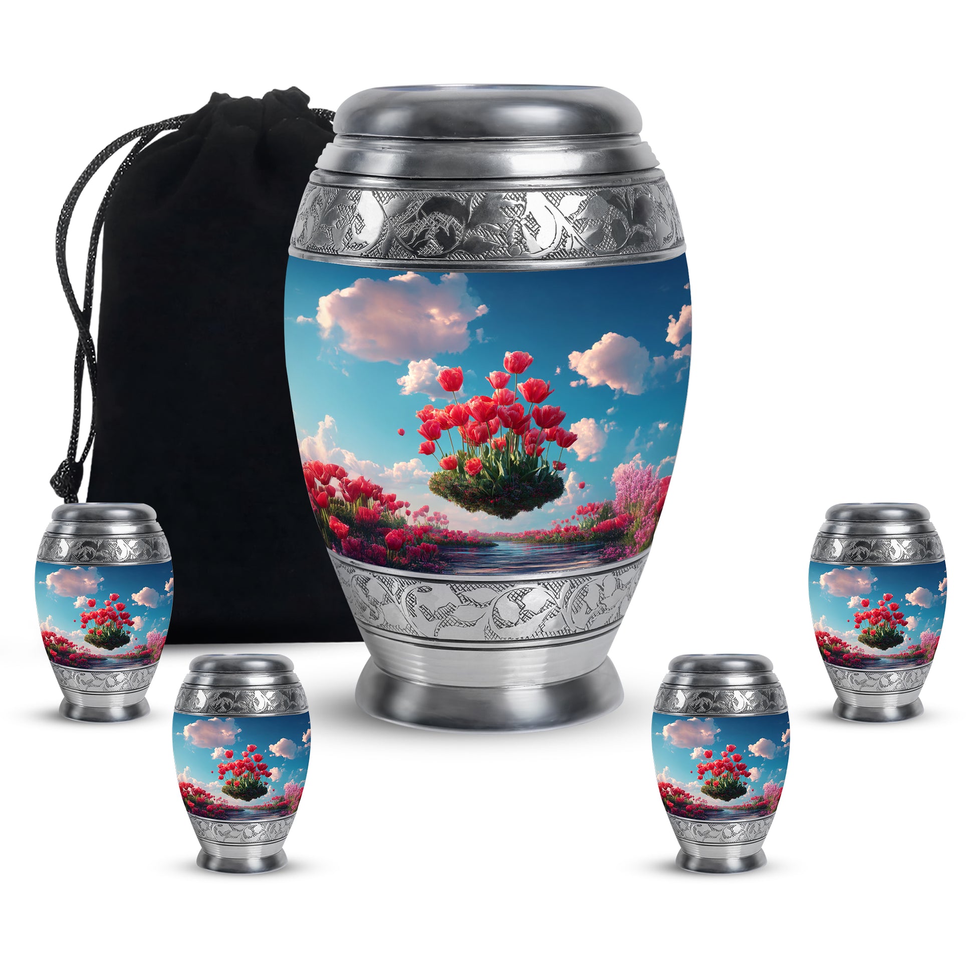 Royal Blue Garden Tulip Cremation Urn detail view - royal garden tulip engraving with decorative scrollwork - memorial set with one large and four small urns