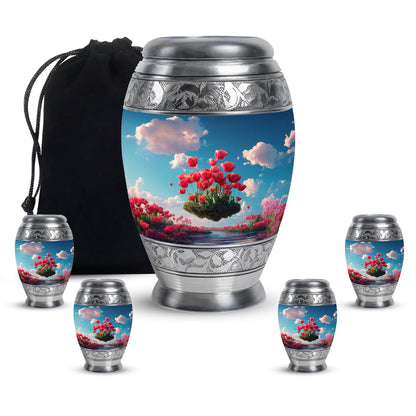 Royal Blue Garden Tulip Cremation Urn detail view - royal garden tulip engraving with decorative scrollwork - memorial set with one large and four small urns