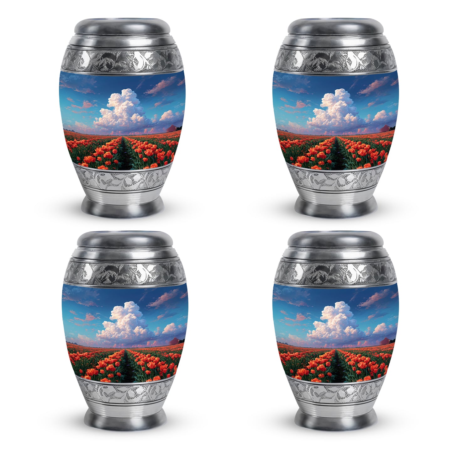 Azure Garden Tulip Cremation Urn urn with complimentary velvet bag - regal garden tulip design with crown-inspired accents - 10 inch aluminum urn for cremated remains