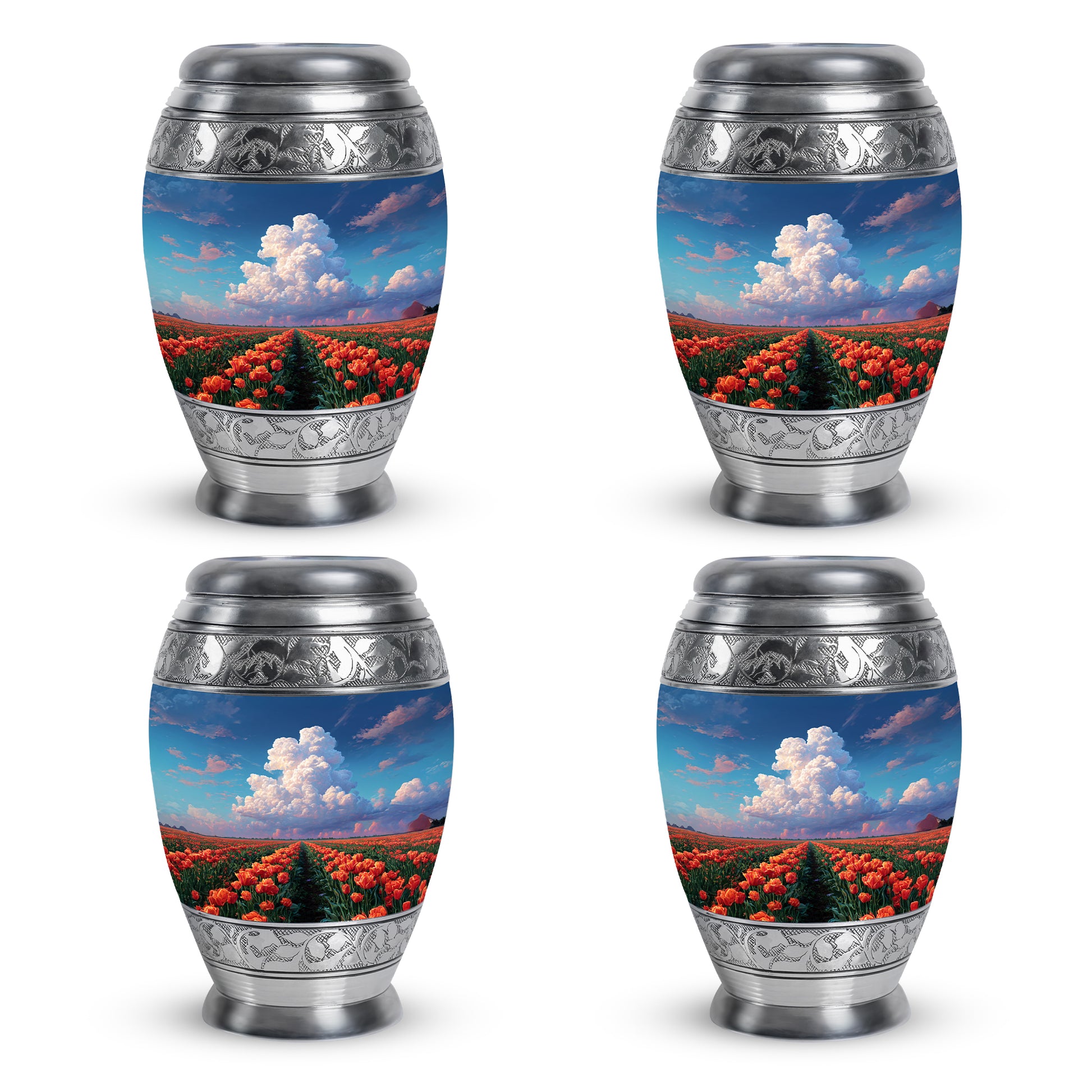 Azure Garden Tulip Cremation Urn urn with complimentary velvet bag - regal garden tulip design with crown-inspired accents - 10 inch aluminum urn for cremated remains