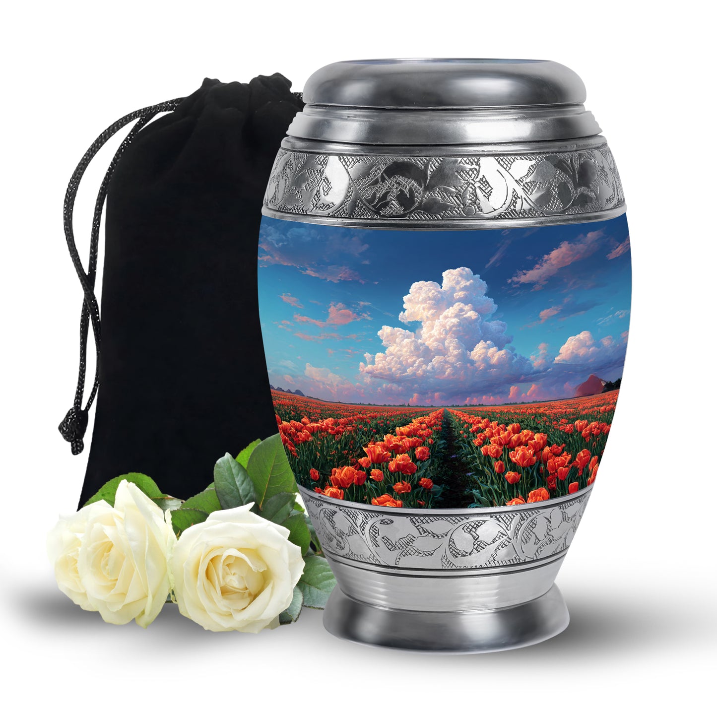 Azure Garden Tulip Cremation Urn back view with polished surface - regal garden tulip design with crown-inspired accents - full-size 10 inch 200 cubic inch adult cremation urn