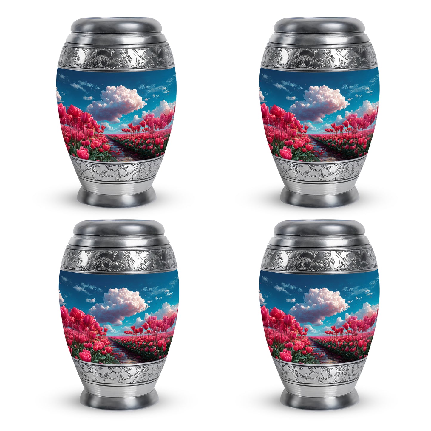 Vivid Blue Garden Tulip Cremation Urn urn with complimentary velvet bag - majestic garden tulip pattern with filigree border - 10 inch aluminum urn for cremated remains