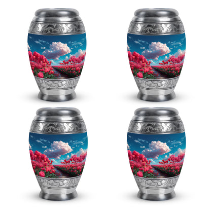 Vivid Blue Garden Tulip Cremation Urn urn with complimentary velvet bag - majestic garden tulip pattern with filigree border - 10 inch aluminum urn for cremated remains