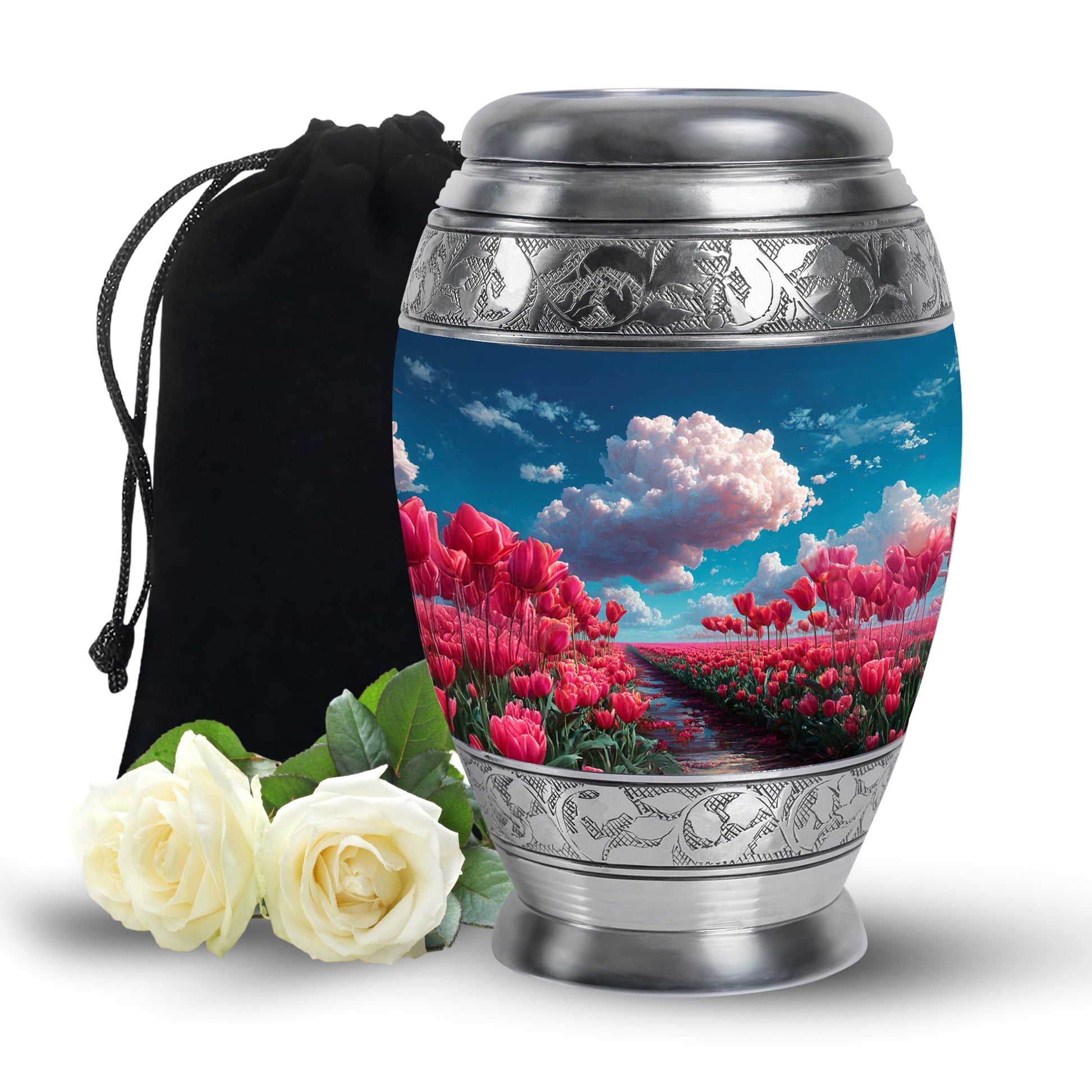 Dusty Blue Garden Tulip Cremation Urn back view with polished surface - regal garden tulip design with crown-inspired accents - full-size 10 inch 200 cubic inch adult cremation urn