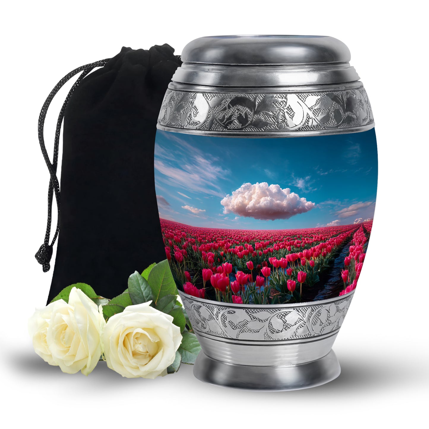 Pastel Blue Garden Tulip Cremation Urn back view with polished surface - regal garden tulip design with crown-inspired accents - full-size 10 inch 200 cubic inch adult cremation urn