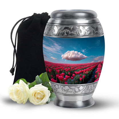 Pastel Blue Garden Tulip Cremation Urn back view with polished surface - regal garden tulip design with crown-inspired accents - full-size 10 inch 200 cubic inch adult cremation urn