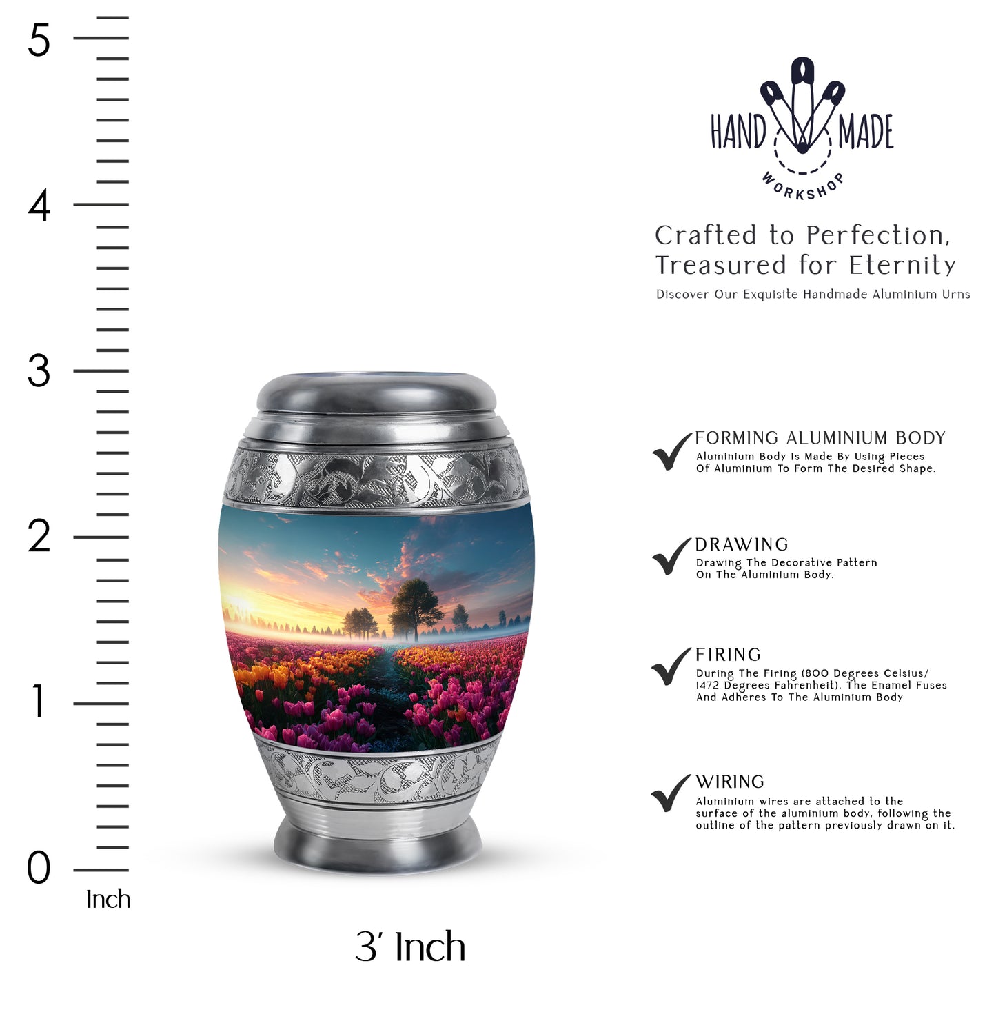 Cobalt Blue Garden Tulip Cremation Urn lifestyle display on memorial shelf - royal garden tulip engraving with decorative scrollwork - mini keepsake memorial for portion of cremation ashes