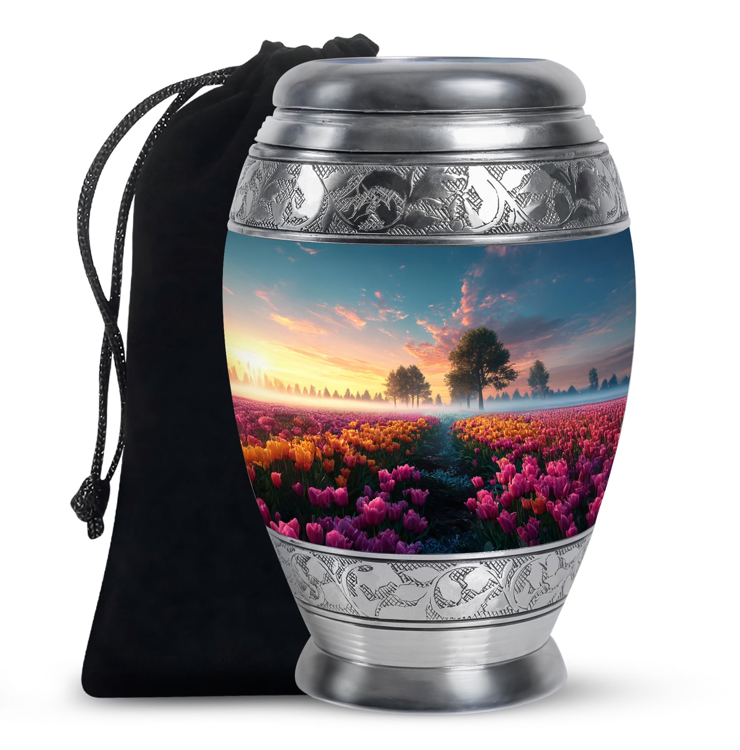 Sky Blue Garden Tulip Cremation Urn back view with polished surface - regal garden tulip design with crown-inspired accents - full-size 10 inch 200 cubic inch adult cremation urn
