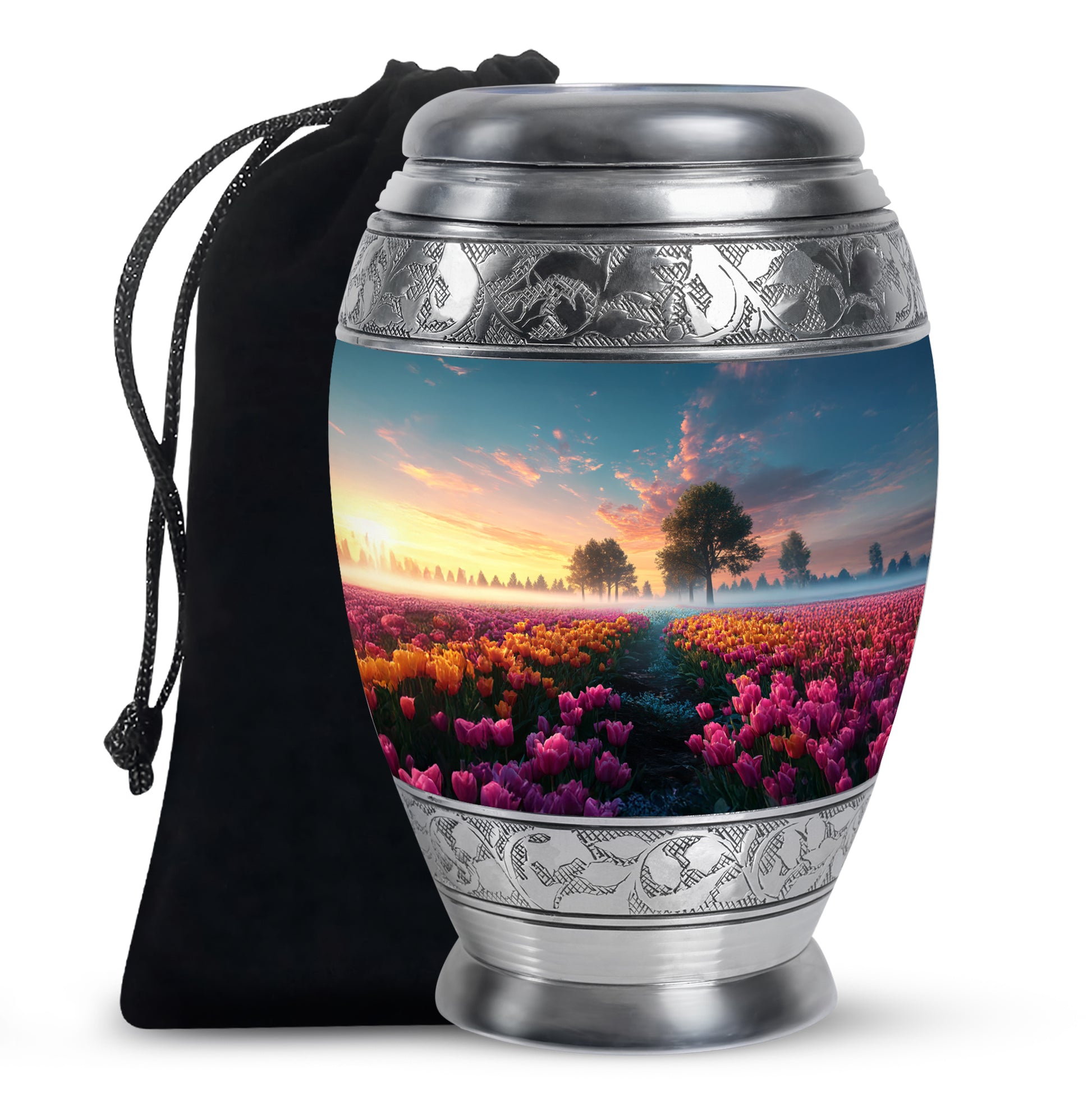 Sky Blue Garden Tulip Cremation Urn back view with polished surface - regal garden tulip design with crown-inspired accents - full-size 10 inch 200 cubic inch adult cremation urn