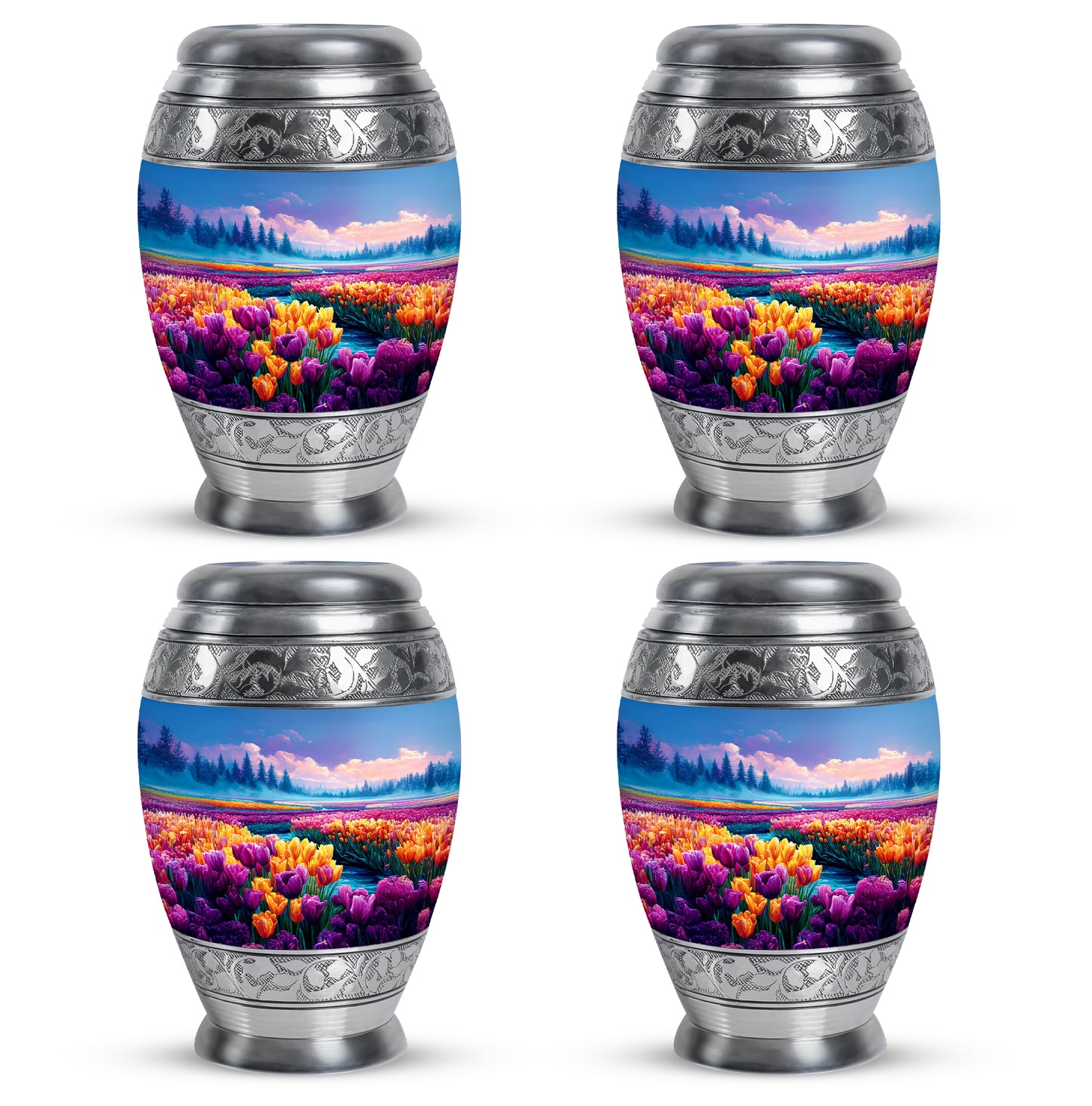 Dusty Blue Garden Tulip Cremation Urn urn with complimentary velvet bag - ornate monarch-style garden tulip relief on brushed aluminum - 10 inch aluminum urn for cremated remains