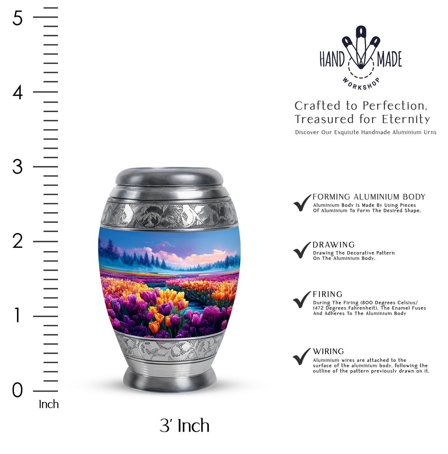 Royal Blue Garden Tulip Cremation Urn lifestyle display on memorial shelf - royal garden tulip engraving with decorative scrollwork - mini keepsake memorial for portion of cremation ashes