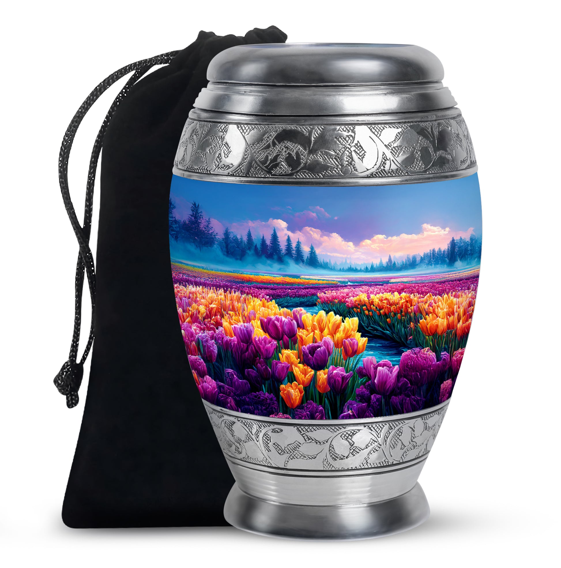 Sapphire Blue Garden Tulip Cremation Urn back view with polished surface - majestic garden tulip pattern with filigree border - full-size 10 inch 200 cubic inch adult cremation urn