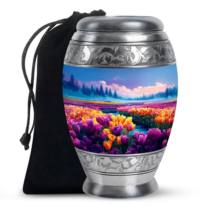 Sapphire Blue Garden Tulip Cremation Urn back view with polished surface - majestic garden tulip pattern with filigree border - full-size 10 inch 200 cubic inch adult cremation urn