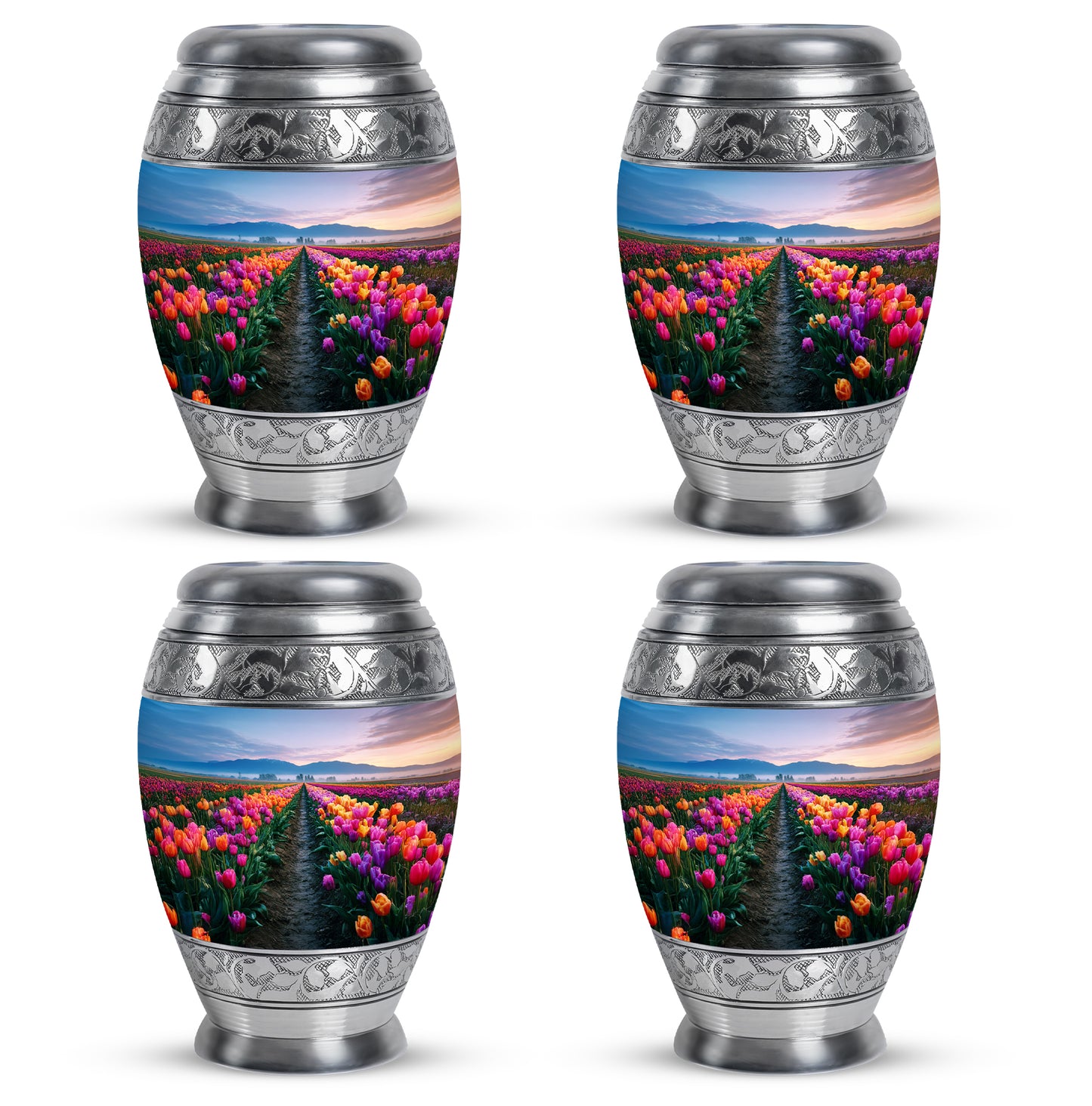 Sky Blue Garden Tulip Cremation Urn urn with complimentary velvet bag - regal garden tulip design with crown-inspired accents - 10 inch aluminum urn for cremated remains