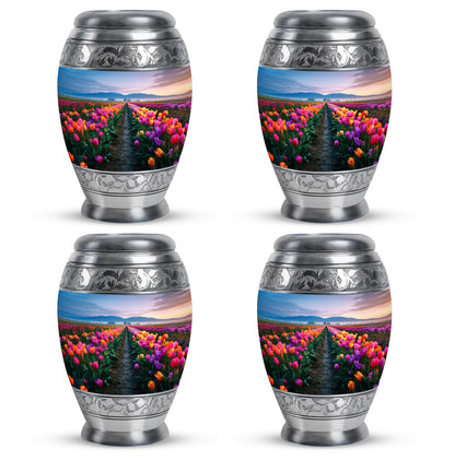 Sky Blue Garden Tulip Cremation Urn urn with complimentary velvet bag - regal garden tulip design with crown-inspired accents - 10 inch aluminum urn for cremated remains