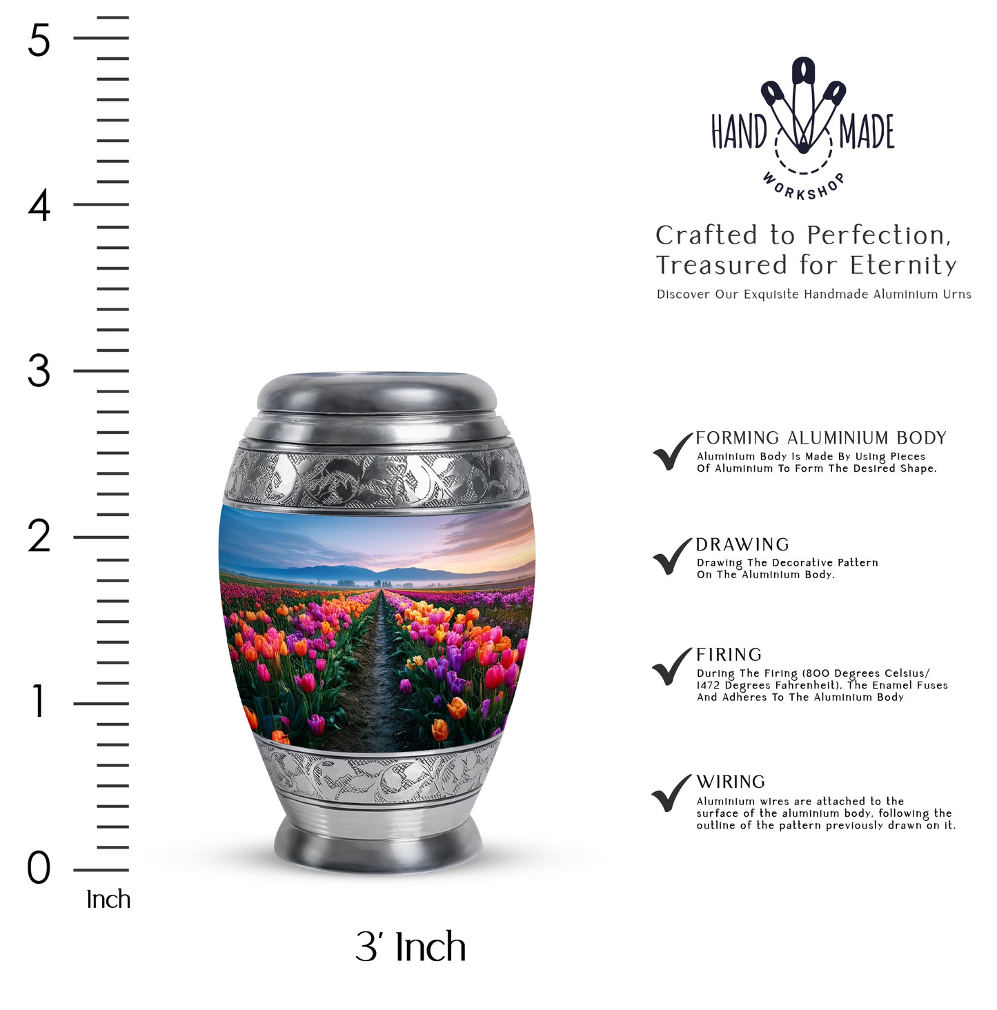 Misty Blue Garden Tulip Cremation Urn lifestyle display on memorial shelf - ornate monarch-style garden tulip relief on brushed aluminum - mini keepsake memorial for portion of cremation ashes
