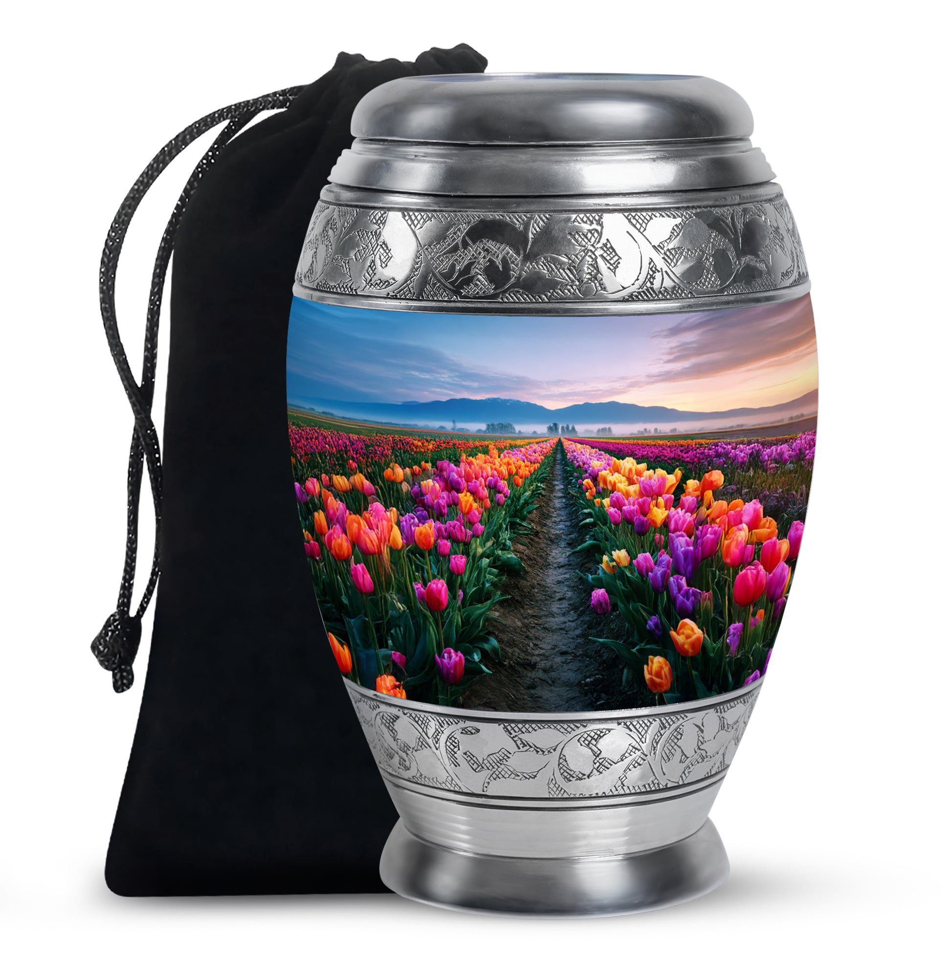 Serene Blue Garden Tulip Cremation Urn back view with polished surface - royal garden tulip engraving with decorative scrollwork - full-size 10 inch 200 cubic inch adult cremation urn