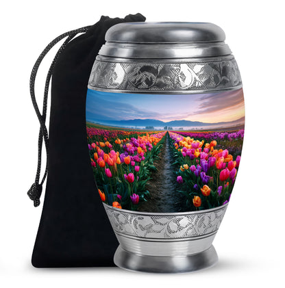 Serene Blue Garden Tulip Cremation Urn back view with polished surface - royal garden tulip engraving with decorative scrollwork - full-size 10 inch 200 cubic inch adult cremation urn