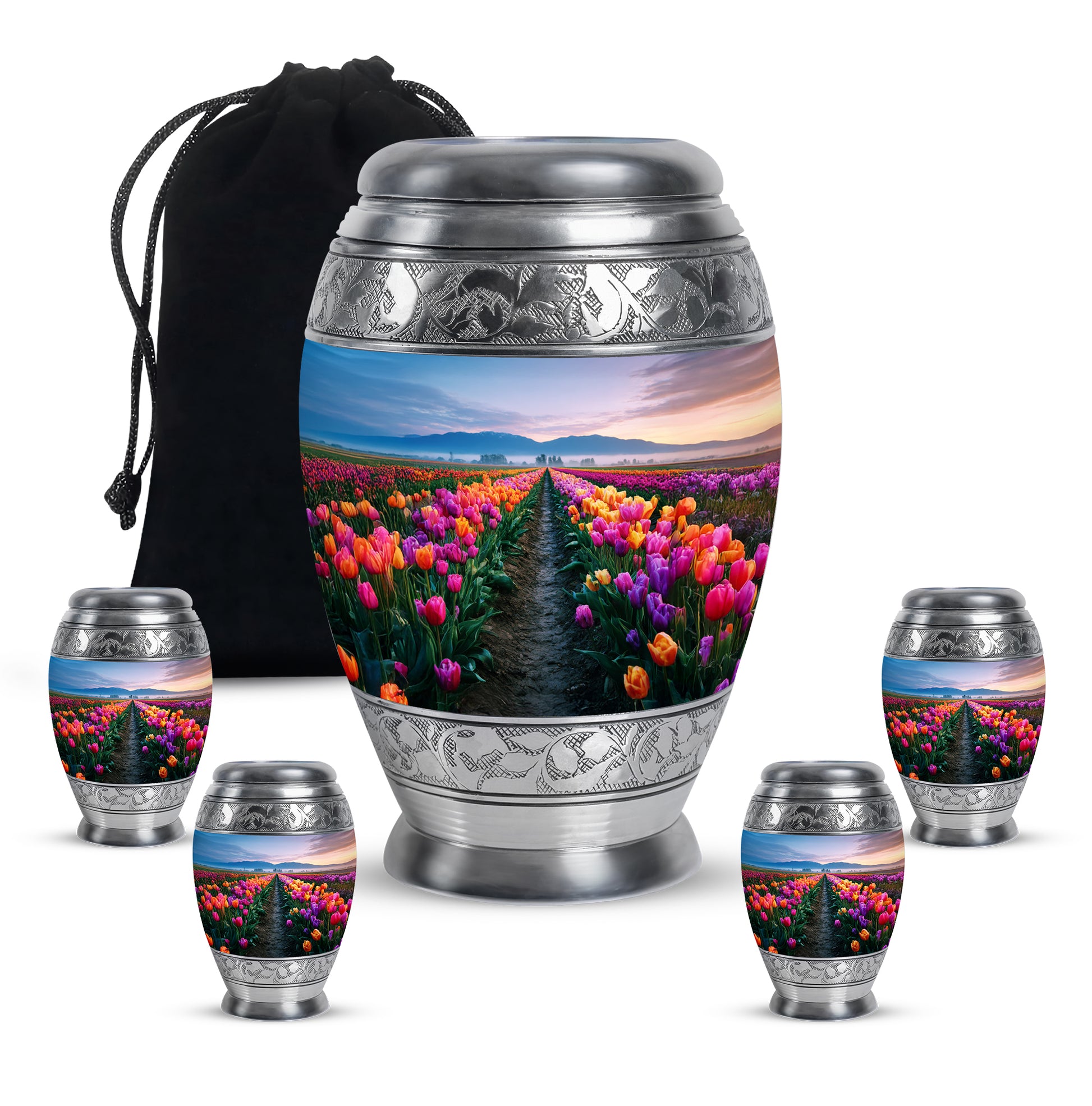 Calming Blue Garden Tulip Cremation Urn detail view - royal garden tulip engraving with decorative scrollwork - memorial set with one large and four small urns
