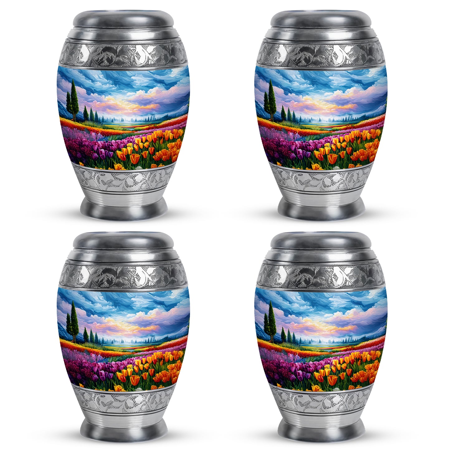 Misty Blue Garden Tulip Cremation Urn urn with complimentary velvet bag - regal garden tulip design with crown-inspired accents - 10 inch aluminum urn for cremated remains
