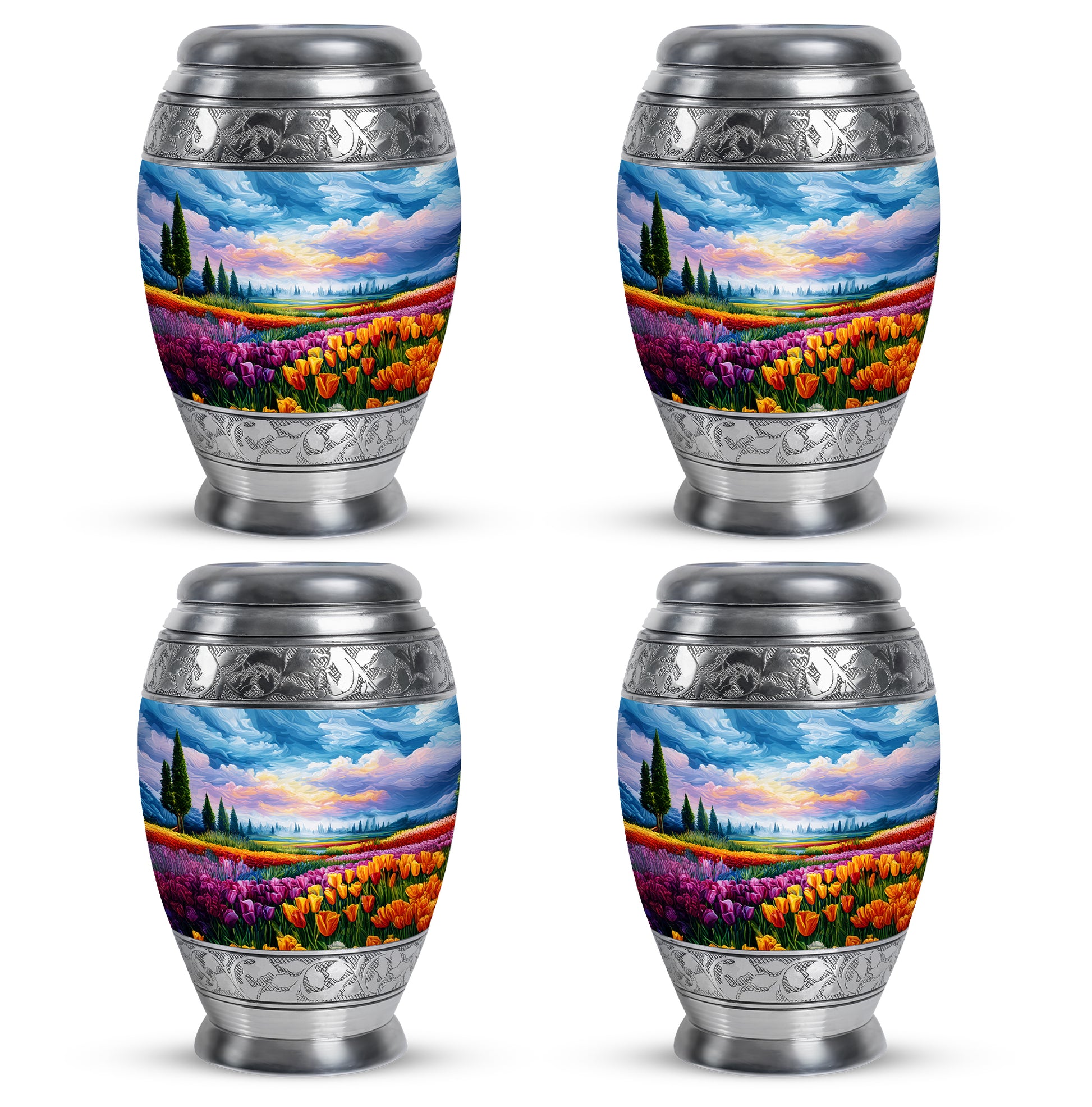 Misty Blue Garden Tulip Cremation Urn urn with complimentary velvet bag - regal garden tulip design with crown-inspired accents - 10 inch aluminum urn for cremated remains