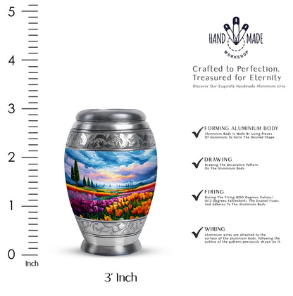 Powder Blue Garden Tulip Cremation Urn lifestyle display on memorial shelf - regal garden tulip design with crown-inspired accents - mini keepsake memorial for portion of cremation ashes