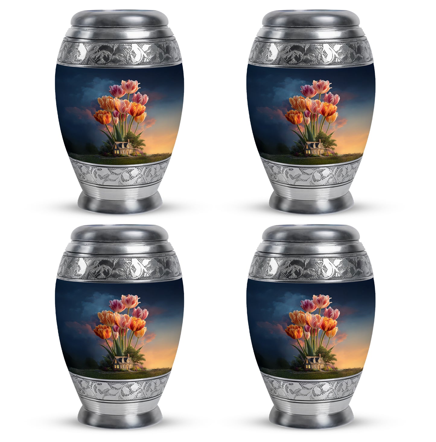 Pastel Blue Garden Tulip Cremation Urn urn with complimentary velvet bag - ornate monarch-style garden tulip relief on brushed aluminum - 10 inch aluminum urn for cremated remains
