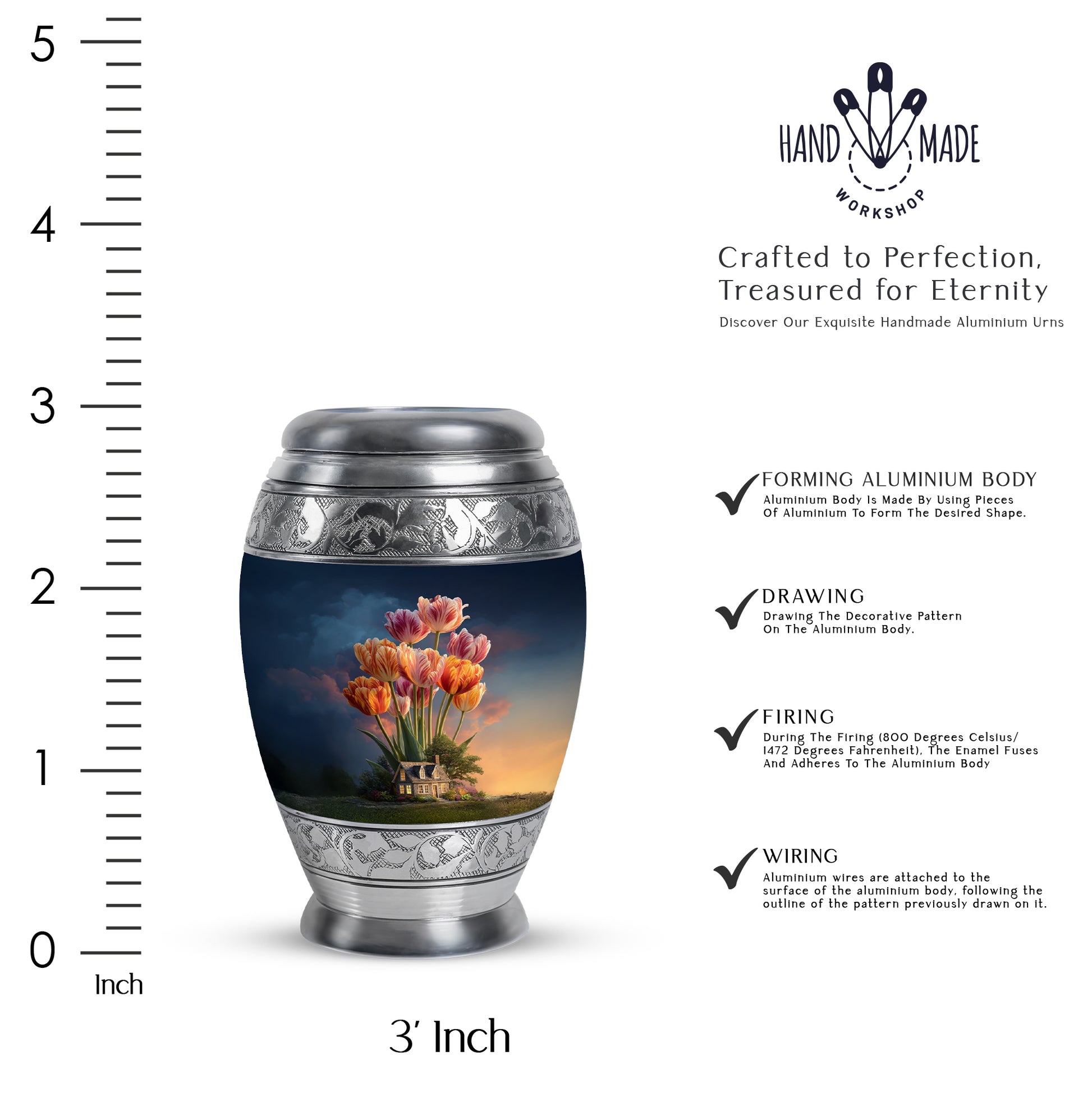 Powder Blue Garden Tulip Cremation Urn lifestyle display on memorial shelf - ornate monarch-style garden tulip relief on brushed aluminum - mini keepsake memorial for portion of cremation ashes