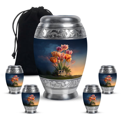 Navy Blue Garden Tulip Cremation Urn detail view - ornate monarch-style garden tulip relief on brushed aluminum - memorial set with one large and four small urns