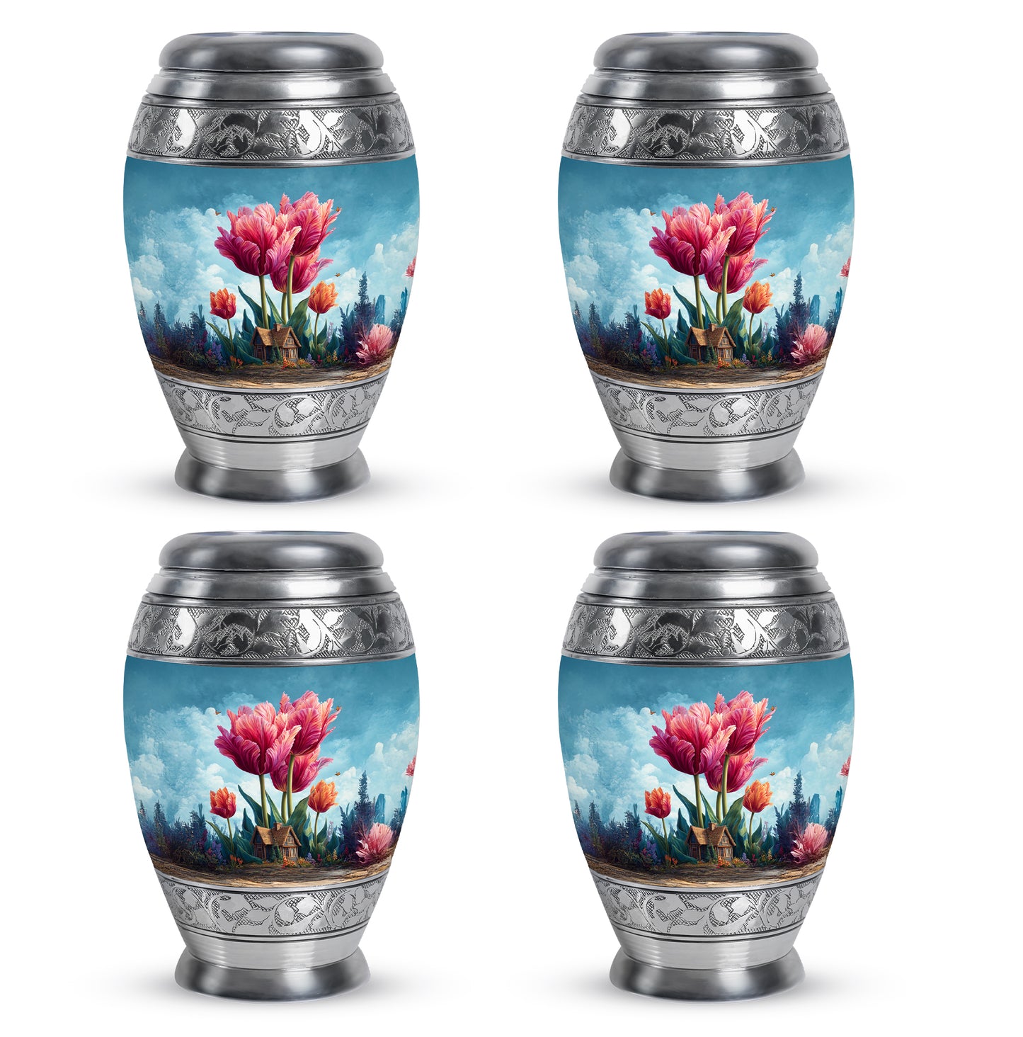 Serene Blue Garden Tulip Cremation Urn urn with complimentary velvet bag - majestic garden tulip pattern with filigree border - 10 inch aluminum urn for cremated remains