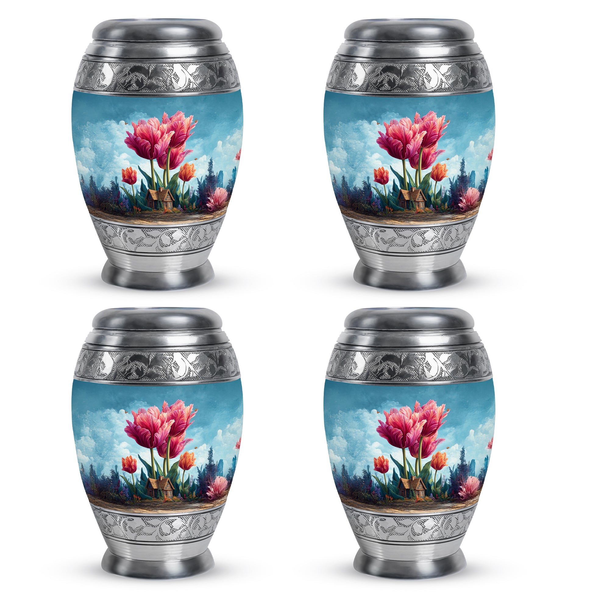 Serene Blue Garden Tulip Cremation Urn urn with complimentary velvet bag - majestic garden tulip pattern with filigree border - 10 inch aluminum urn for cremated remains
