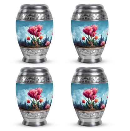 Serene Blue Garden Tulip Cremation Urn urn with complimentary velvet bag - majestic garden tulip pattern with filigree border - 10 inch aluminum urn for cremated remains